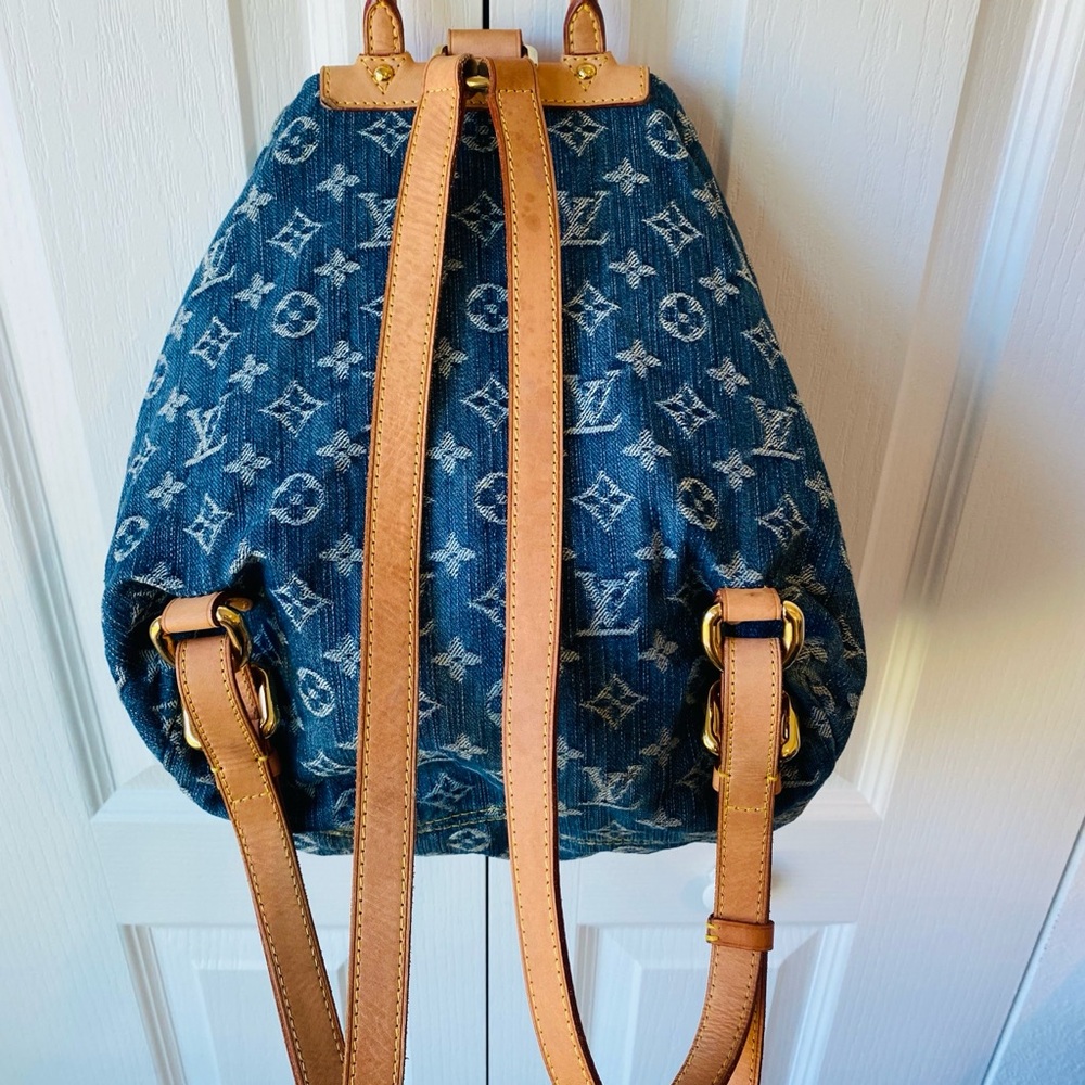Louis Vuitton Denim Monogram Backpack with Tan Leather Accents - Picture 7 of 15